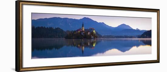 Bled Island with the Church of the Assumption and Bled Castle Illuminated at Dusk, Lake Bled-Doug Pearson-Framed Photographic Print