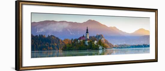 Bled Island with the Church of the Assumption and Bled Castle Illuminated at Dusk, Lake Bled-Doug Pearson-Framed Photographic Print