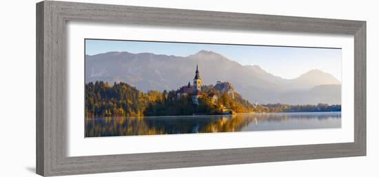 Bled Island with the Church of the Assumption and Bled Castle Illuminated at Dusk, Lake Bled-Doug Pearson-Framed Photographic Print