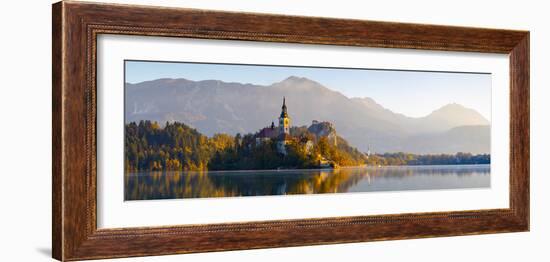 Bled Island with the Church of the Assumption and Bled Castle Illuminated at Dusk, Lake Bled-Doug Pearson-Framed Photographic Print