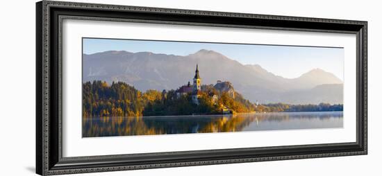 Bled Island with the Church of the Assumption and Bled Castle Illuminated at Dusk, Lake Bled-Doug Pearson-Framed Photographic Print