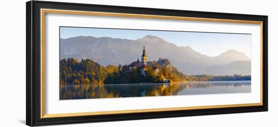 Bled Island with the Church of the Assumption and Bled Castle Illuminated at Dusk, Lake Bled-Doug Pearson-Framed Photographic Print