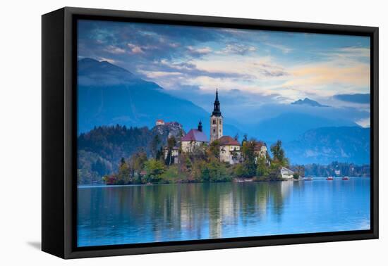 Bled Island with the Church of the Assumption and Bled Castle Illuminated at Dusk, Lake Bled-Doug Pearson-Framed Premier Image Canvas