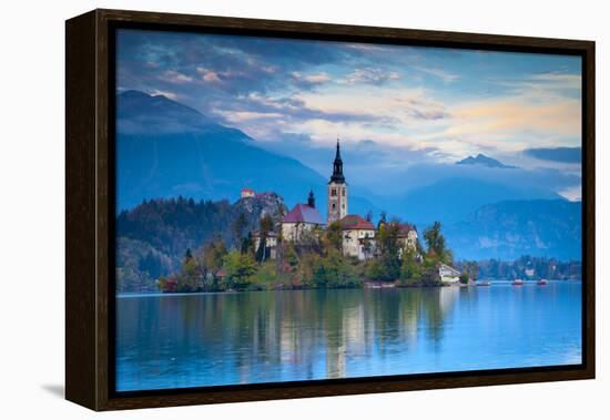 Bled Island with the Church of the Assumption and Bled Castle Illuminated at Dusk, Lake Bled-Doug Pearson-Framed Premier Image Canvas