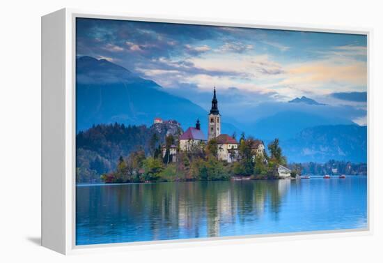 Bled Island with the Church of the Assumption and Bled Castle Illuminated at Dusk, Lake Bled-Doug Pearson-Framed Premier Image Canvas