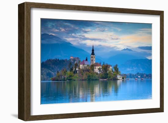 Bled Island with the Church of the Assumption and Bled Castle Illuminated at Dusk, Lake Bled-Doug Pearson-Framed Photographic Print