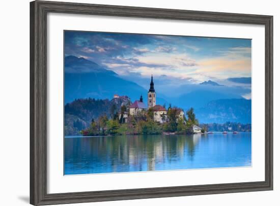 Bled Island with the Church of the Assumption and Bled Castle Illuminated at Dusk, Lake Bled-Doug Pearson-Framed Photographic Print