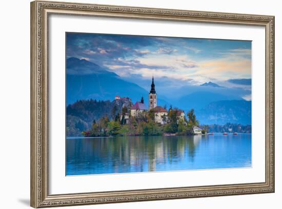 Bled Island with the Church of the Assumption and Bled Castle Illuminated at Dusk, Lake Bled-Doug Pearson-Framed Photographic Print