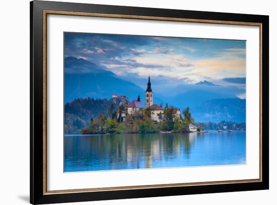 Bled Island with the Church of the Assumption and Bled Castle Illuminated at Dusk, Lake Bled-Doug Pearson-Framed Photographic Print