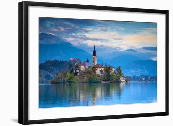 Bled Island with the Church of the Assumption and Bled Castle Illuminated at Dusk, Lake Bled-Doug Pearson-Framed Photographic Print