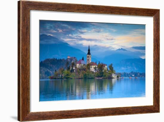 Bled Island with the Church of the Assumption and Bled Castle Illuminated at Dusk, Lake Bled-Doug Pearson-Framed Photographic Print