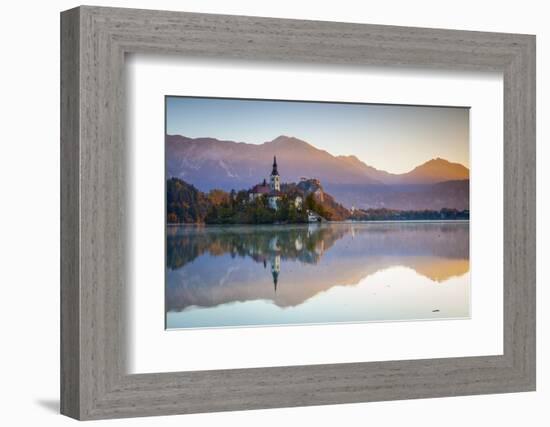 Bled Island with the Church of the Assumption and Bled Castle Illuminated at Dusk, Lake Bled-Doug Pearson-Framed Photographic Print