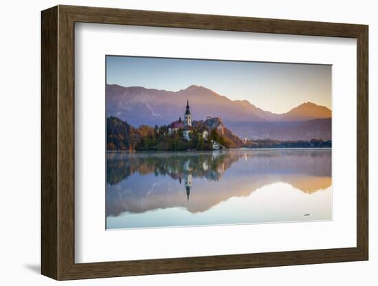 Bled Island with the Church of the Assumption and Bled Castle Illuminated at Dusk, Lake Bled-Doug Pearson-Framed Photographic Print