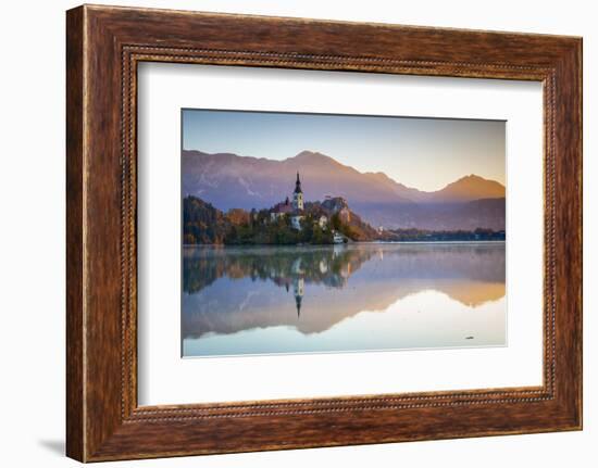 Bled Island with the Church of the Assumption and Bled Castle Illuminated at Dusk, Lake Bled-Doug Pearson-Framed Photographic Print