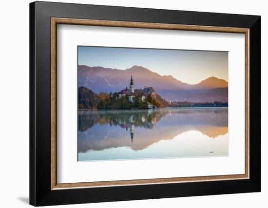 Bled Island with the Church of the Assumption and Bled Castle Illuminated at Dusk, Lake Bled-Doug Pearson-Framed Photographic Print