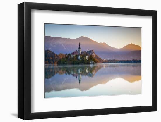 Bled Island with the Church of the Assumption and Bled Castle Illuminated at Dusk, Lake Bled-Doug Pearson-Framed Photographic Print