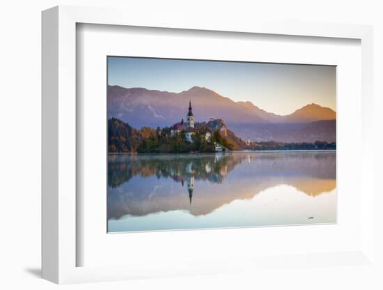 Bled Island with the Church of the Assumption and Bled Castle Illuminated at Dusk, Lake Bled-Doug Pearson-Framed Photographic Print