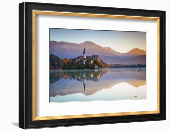 Bled Island with the Church of the Assumption and Bled Castle Illuminated at Dusk, Lake Bled-Doug Pearson-Framed Photographic Print