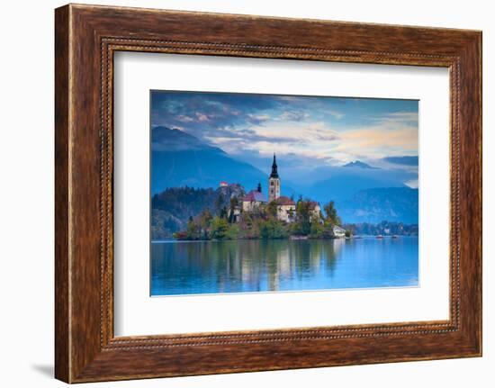 Bled Island with the Church of the Assumption and Bled Castle Illuminated at Dusk, Lake Bled-Doug Pearson-Framed Premium Photographic Print