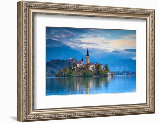 Bled Island with the Church of the Assumption and Bled Castle Illuminated at Dusk, Lake Bled-Doug Pearson-Framed Photographic Print