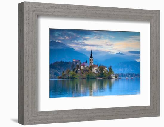 Bled Island with the Church of the Assumption and Bled Castle Illuminated at Dusk, Lake Bled-Doug Pearson-Framed Photographic Print