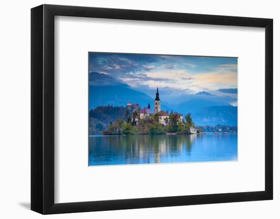 Bled Island with the Church of the Assumption and Bled Castle Illuminated at Dusk, Lake Bled-Doug Pearson-Framed Photographic Print