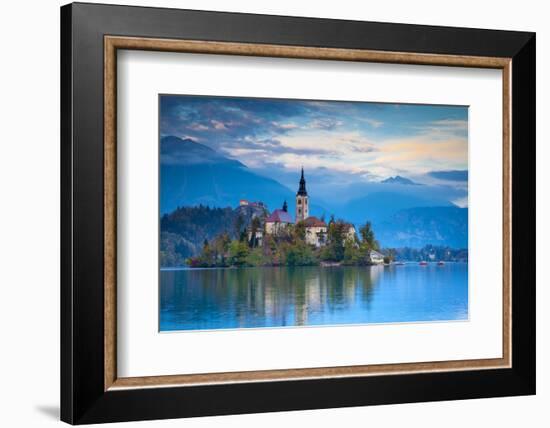 Bled Island with the Church of the Assumption and Bled Castle Illuminated at Dusk, Lake Bled-Doug Pearson-Framed Photographic Print