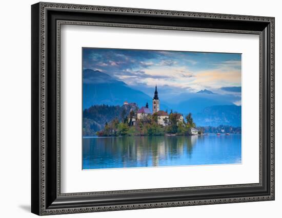 Bled Island with the Church of the Assumption and Bled Castle Illuminated at Dusk, Lake Bled-Doug Pearson-Framed Photographic Print