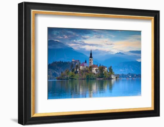 Bled Island with the Church of the Assumption and Bled Castle Illuminated at Dusk, Lake Bled-Doug Pearson-Framed Photographic Print