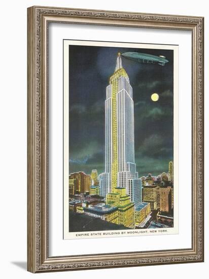 Blimp, Moon over Empire State Building, New York City-null-Framed Art Print