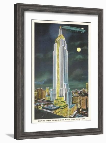 Blimp, Moon over Empire State Building, New York City-null-Framed Art Print