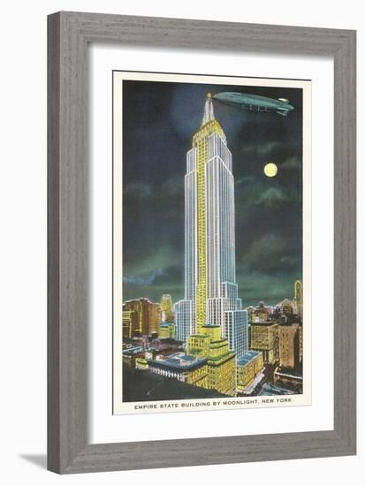 Blimp, Moon over Empire State Building, New York City-null-Framed Art Print