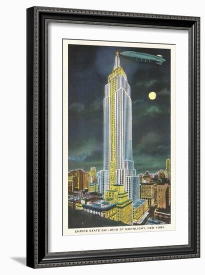 Blimp, Moon over Empire State Building, New York City-null-Framed Art Print