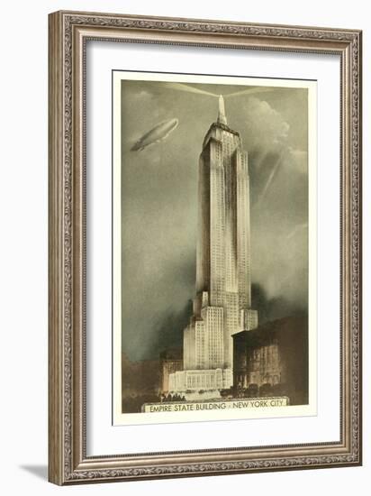 Blimp over Empire State Building, New York City-null-Framed Art Print