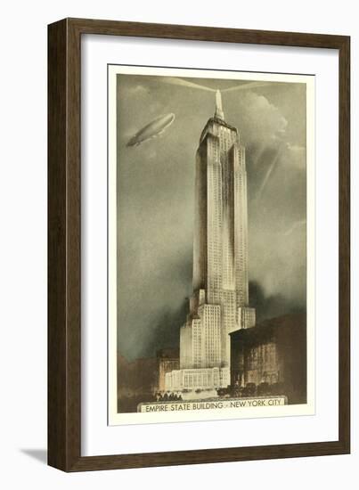 Blimp over Empire State Building, New York City-null-Framed Art Print