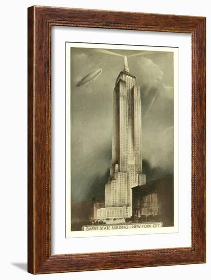 Blimp over Empire State Building, New York City-null-Framed Art Print