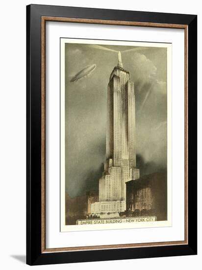 Blimp over Empire State Building, New York City-null-Framed Art Print