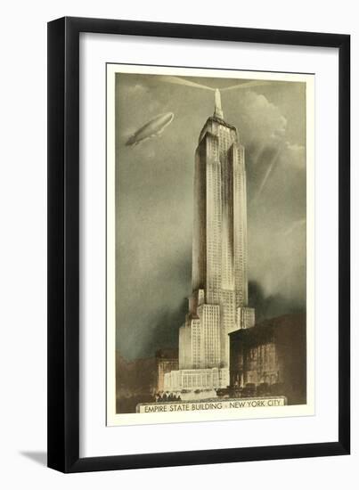 Blimp over Empire State Building, New York City-null-Framed Art Print