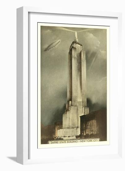 Blimp over Empire State Building, New York City-null-Framed Art Print