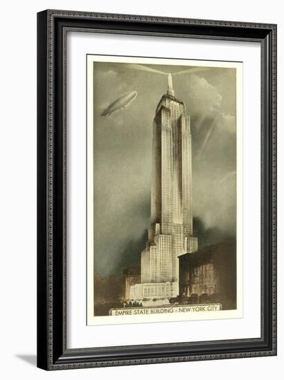 Blimp over Empire State Building, New York City-null-Framed Art Print