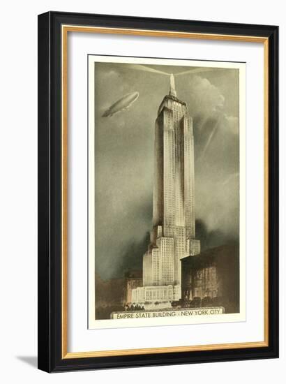 Blimp over Empire State Building, New York City-null-Framed Art Print