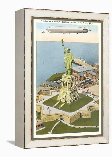 Blimp over Statue of Liberty, New York City-null-Framed Stretched Canvas