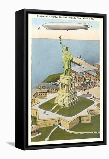 Blimp over Statue of Liberty, New York City-null-Framed Stretched Canvas