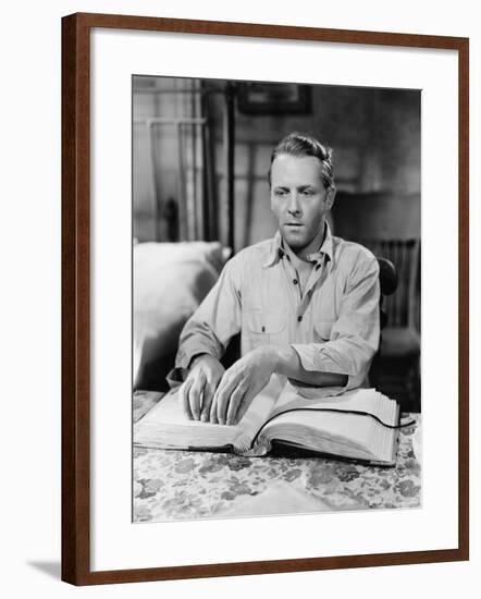 Blind Man Reading Book in Braille-null-Framed Photo