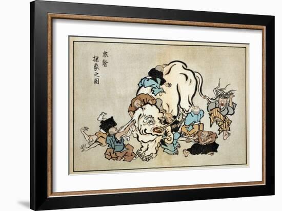 Blind Monks Examining an Elephant, Japanese Wood-Cut Print-Lantern Press-Framed Art Print