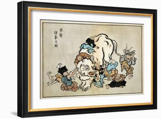 Blind Monks Examining an Elephant, Japanese Wood-Cut Print-Lantern Press-Framed Art Print