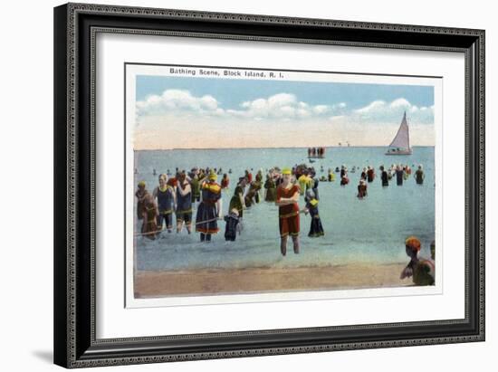 Block Island, Rhode Island - Bathers at the Beach-Lantern Press-Framed Art Print