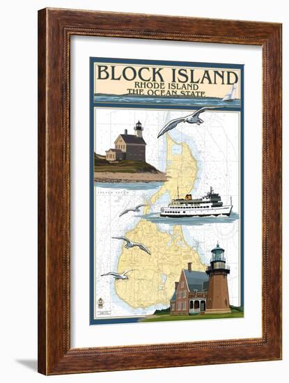 Block Island, Rhode Island - Nautical Chart with Ferry-Lantern Press-Framed Art Print