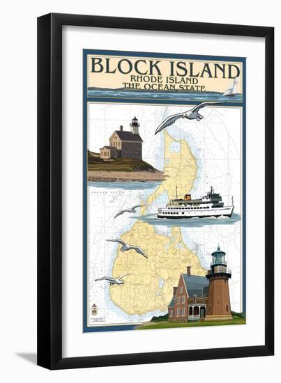 Block Island, Rhode Island - Nautical Chart with Ferry-Lantern Press-Framed Art Print