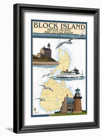 Block Island, Rhode Island - Nautical Chart with Ferry-Lantern Press-Framed Art Print